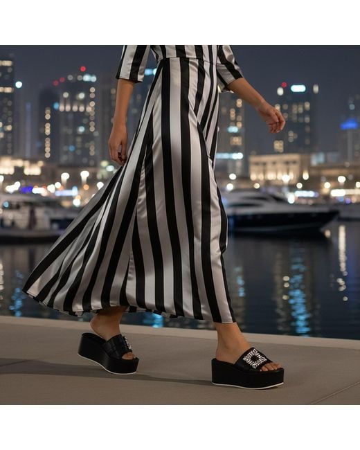 Beautiisoles by Robyn Shreiber Made in Italy Black Dita Leather Comfortable Wedge Sandal Espadrille Slide With Jewelry For Elegant Work & Evening