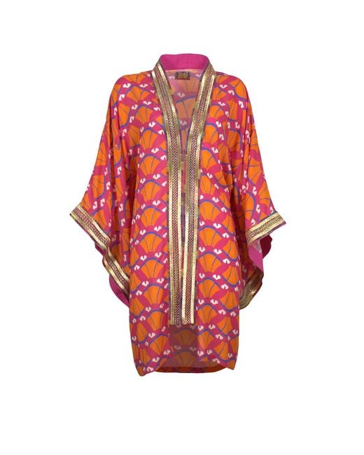 Lalipop Design Red Multi-Color Abstract Viscose Kimono Embellished With Golden Embroidery Details