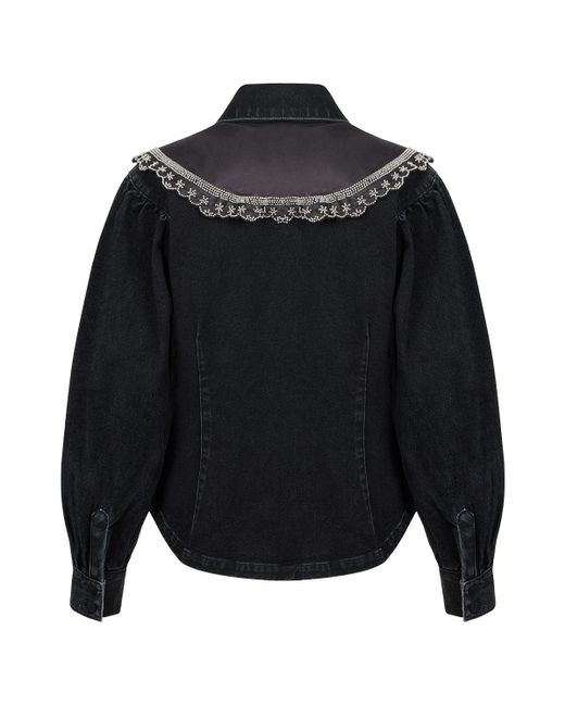Nocturne Black Embroidered Collared Denim Shirt