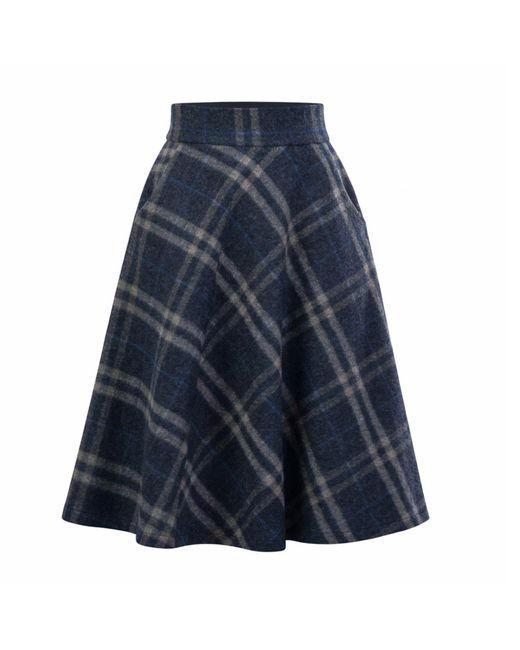 Nikka Place Blue Wool Midi Tartan Skirt With High Waist & Pockets