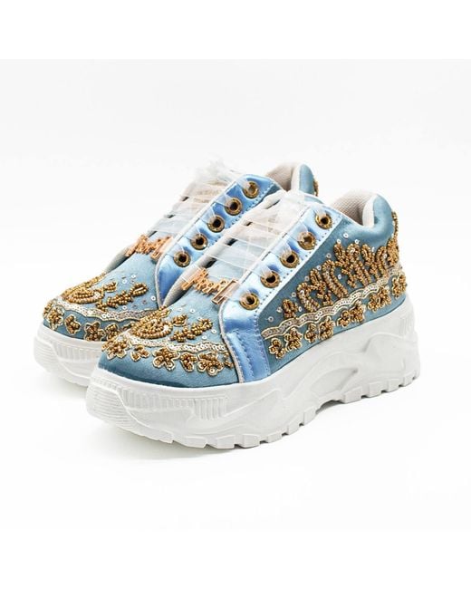 Rettrose Blue Petra Luxury Dusky Satin Handmade Embellished Trainers