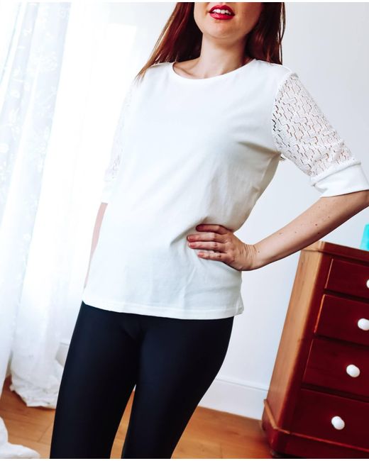 Sophie Cameron Davies White Ivory Lace Sleeve Cotton T-Shirt