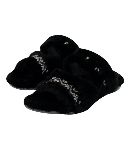 Rettrose Black Myla Luxury Plush Diamanté Embellished Handmade Slipper