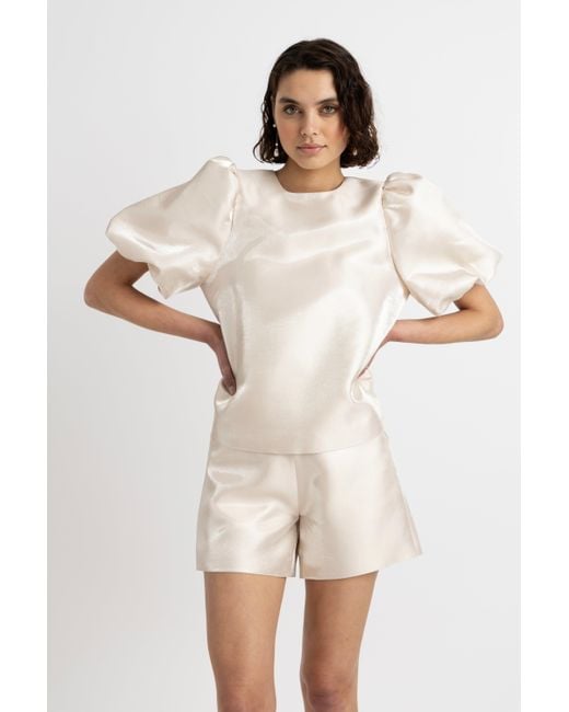 Amy Lynn White Neutrals Aurelia Puffball Satin Tie Top