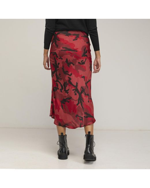Tantra Spain Sl Red Printed Midi Skirt With Silk, Flounce, And Elastic Waistband