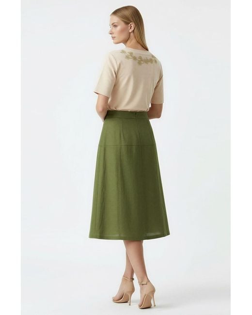 Exquise Green Burnice Buckle Detail Linen Midi Skirt