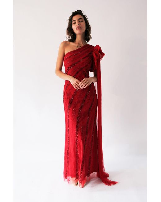 Raishma Red Blossom A One Shoulder Floor Length With An Attached Stole With Frill On The Shoulder Gown