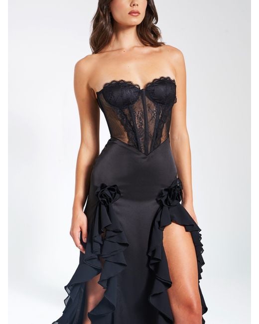 Miss Circle New York Black Talia Satin Lace Corset Maxi Dress