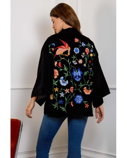 Artemis Muse Black Regal Floral & Bird Embroidery Velvet Luxury Kimono