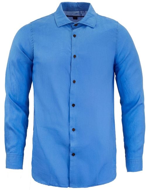 Lords of Harlech Blue Lionel Linen Button Down Shirt for men