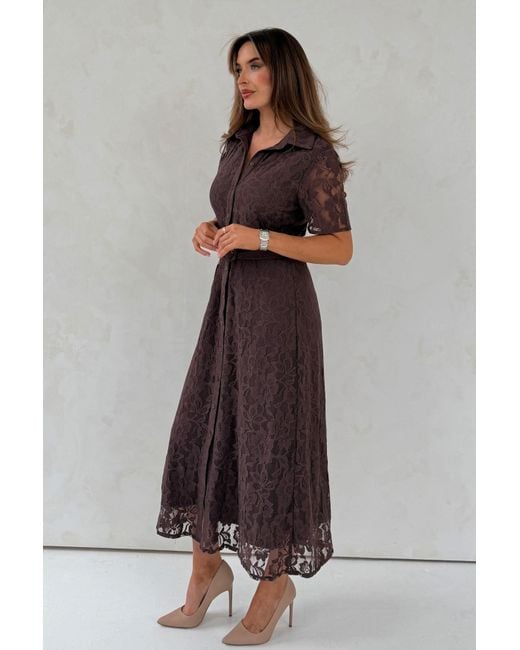 Girl In Mind Brown Tansy Short Sleeve Lace Shirt Dress