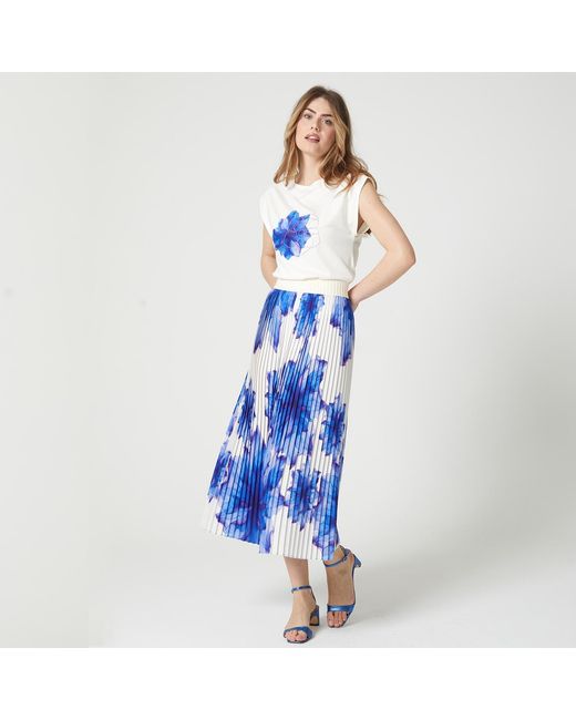 Lalipop Design Blue Floral-Print Elasticated-Waist Pleated Recycled Fabric Maxi Skirt