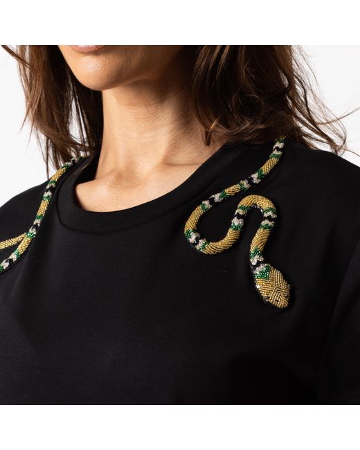 Laines London Black Laines Couture T-shirt Dress With Embellished Green & Gold Wrap Around Snake