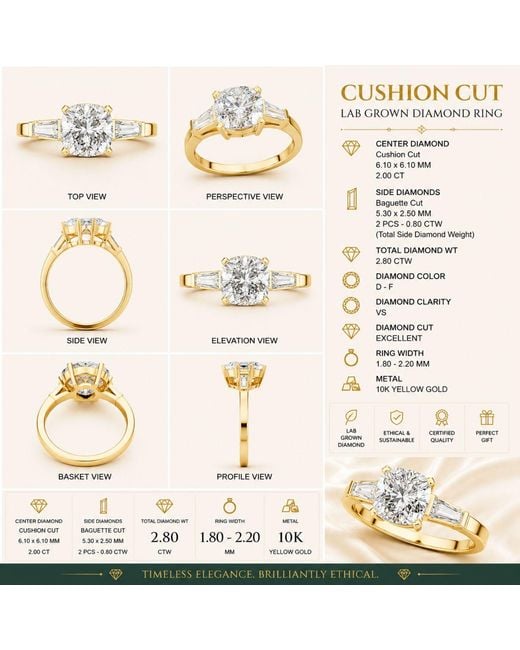Aya Fine Jewelry Metallic Elegant Cushion Cut Three Stone Lab Diamond Engagement Ring
