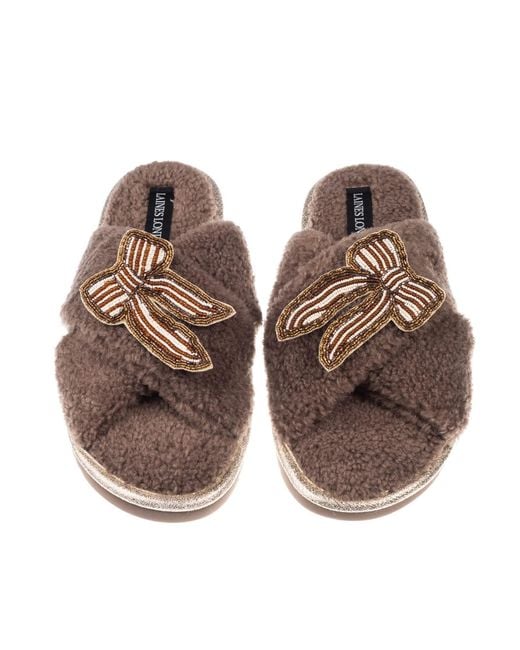 Laines London Brown Neutrals Neutral Boucle Slippers With & Pearl Beaded Stripe Bow Brooches