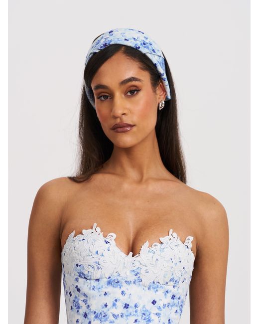 Miss Circle New York Blue Taleah Floral Print Linen Mini Dress With Lace Trim