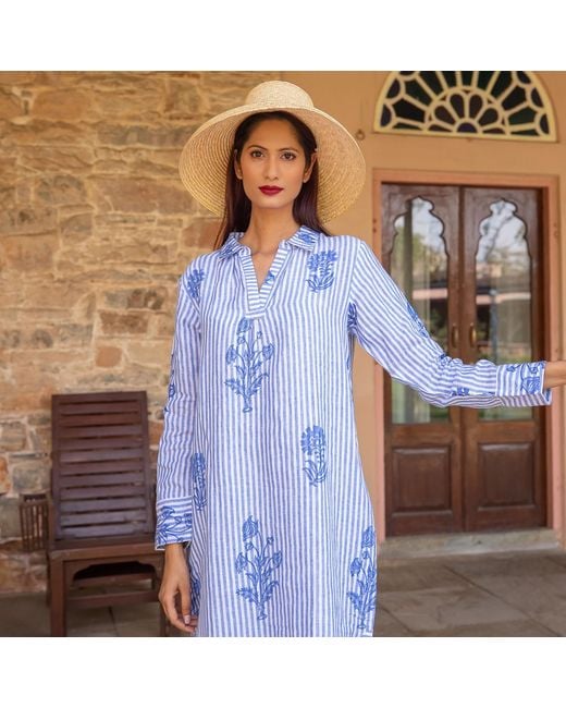 NoLoGo-chic Blue Tourist Hand Printed Stripe Linen Tunic Dress
