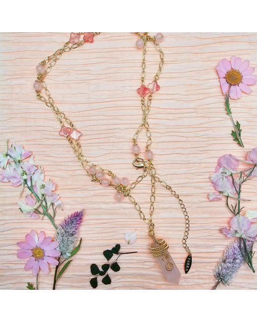Farra Metallic Wire-Wrapped Rose Quartz Pendant With Watermelon Flower Long Necklace