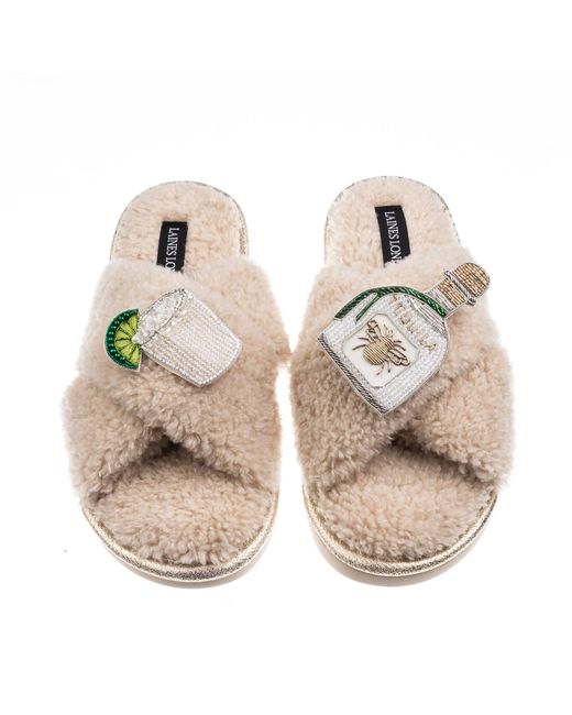 Laines London Natural Neutrals Laines Neutral Boucle Slippers With Agave Tequila Brooches