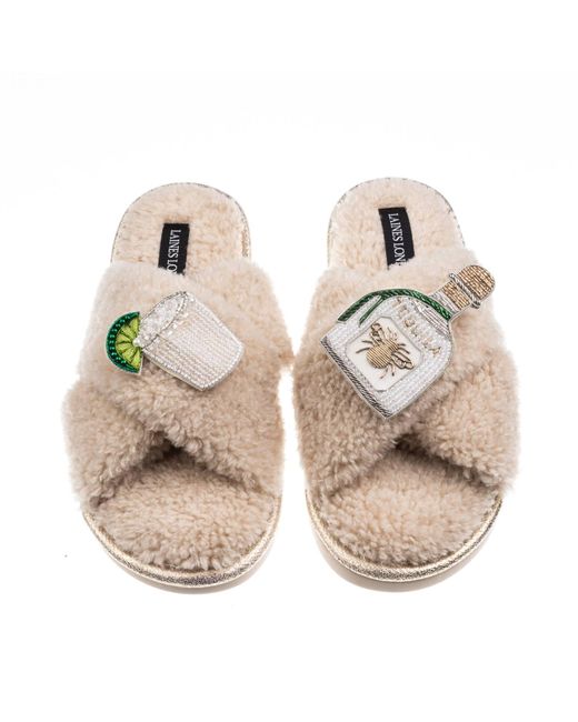 Laines London Natural Neutrals Laines Neutral Boucle Slippers With Agave Tequila Brooches