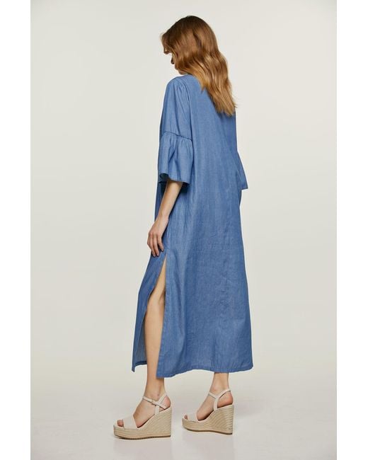 Conquista Blue Denim Style Kaftan With Ruffle Detail