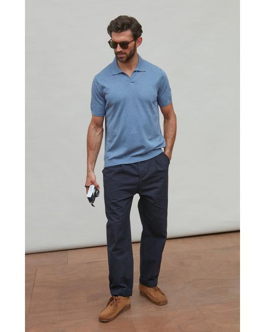 Paul James Knitwear Blue Ultra Fine Cotton Nathan Buttonless Polo Shirt for men