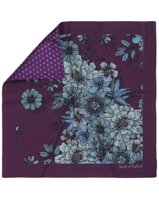 Lords of Harlech Purple Hudson Valencia Floral Merino Handkerchief Pocket Square for men