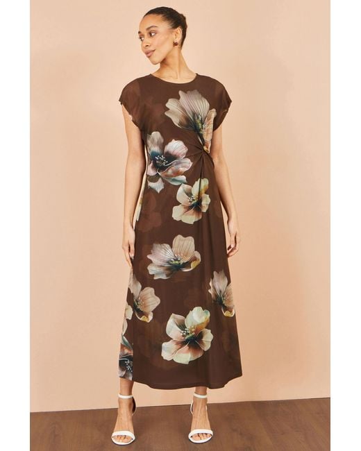 Yumi' Brown Mesh Floral Midi Dress