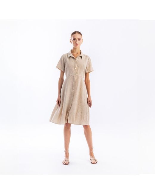 Haris Cotton Natural Neutrals Midi Linen Short Sleeve Button Front Shirt-Dress