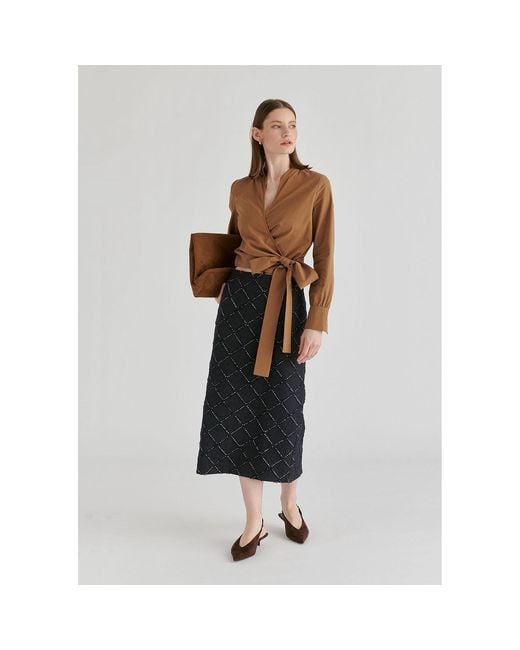 Paisie Brown Split Collarless Wrap Top With Side-Tie Waist