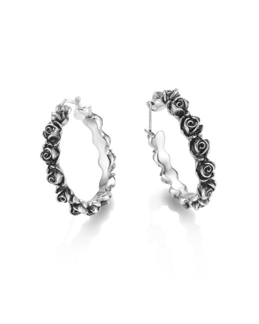 Unaloe Metallic Sterling Rose Hoop Earrings – Floral Statement Hoops – Handmade Italian Jewelry For