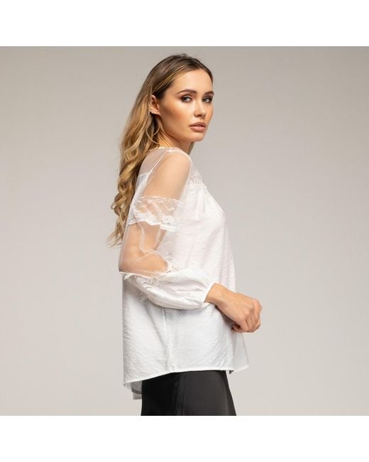 Tantra Spain Sl White Chiffon Blouse With Tulle Sleeves And Shoulders And Lace Details