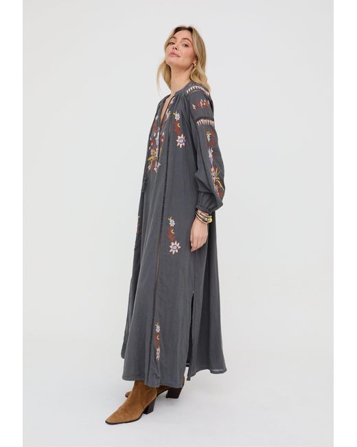 Raffya Gray Elisa Kaftan Style Embroidered Maxi Dress