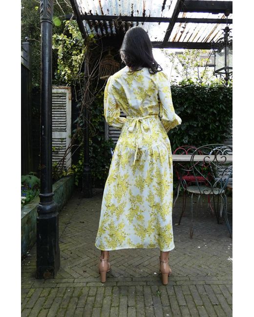 Raishma Aaliyah Button Through Long Sleeve Midi Dress In Yellow Floral