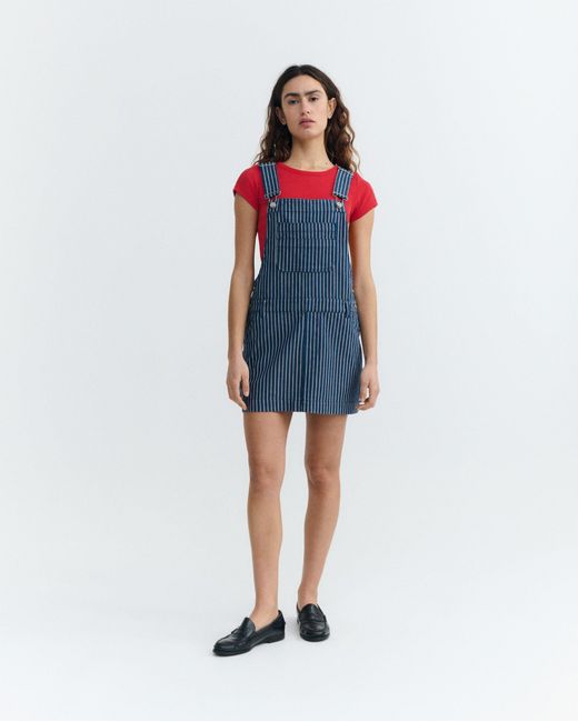 Thinking Mu Blue Short Dress Pichi Stripes Natural Dye Railway Rafaela