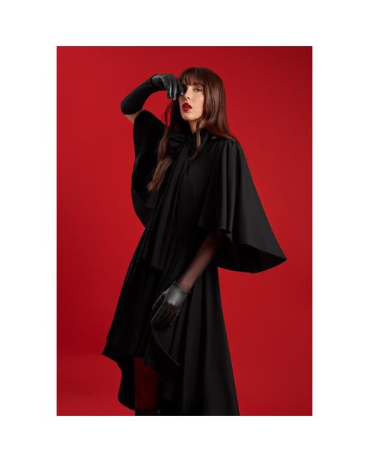 Femponiq Black Bow Tie Neck Cape Sleeve Maxi Dress
