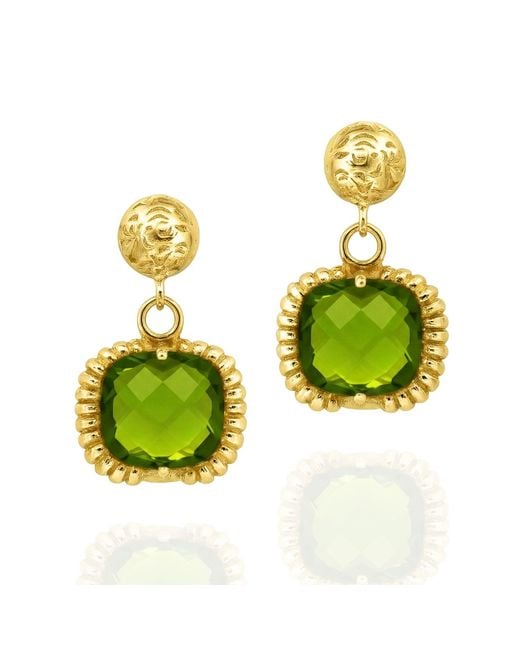 Unaloe Green Plated Crystal Drop Earrings With Ornamental Engraved Design Jewelry For