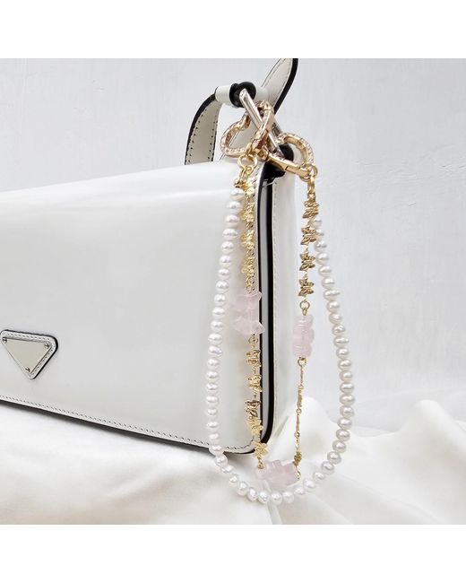 Farra Metallic Rose Quartz Bowknot With Freshwater Pearls Double Layers Bag Charm