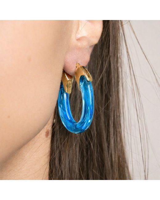 Gold & Honey Blue Topaz Carved Oval Lucite Birthstone Hoop Earrings