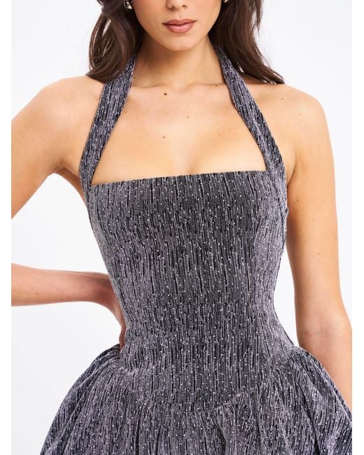 Miss Circle New York Gray Naomie Crystal Embellished Bubble Hem Halter Mini Dress