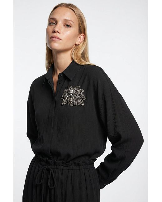 Exquise Black Collared Long Sleeve Embroidered Crinkle Shirt