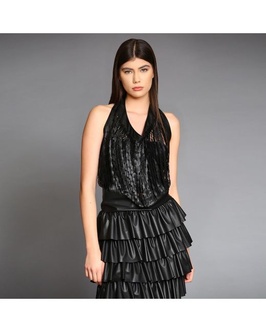 Silvia Serban Black Eco Leather Skirt With Ruffles & Adjustable Length