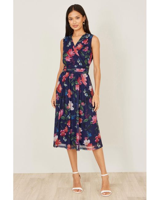 Yumi' Blue Blurred Floral Print Mesh Stretch Midi Dress With Pockets