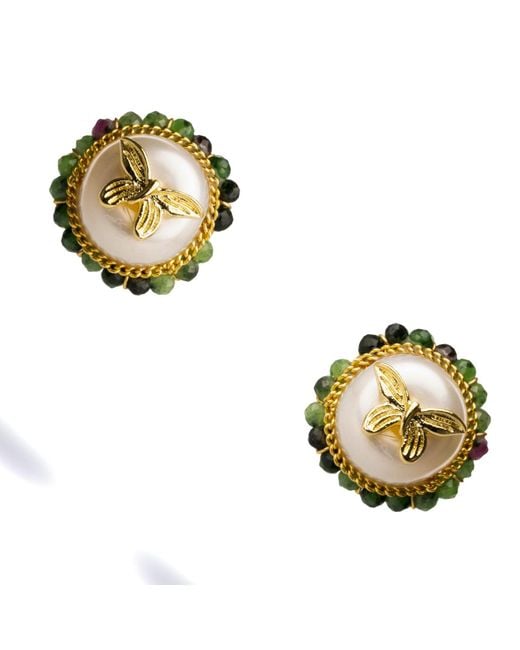Ebru Jewelry Metallic Jade Halo Pearl & Butterfly Stud Earrings