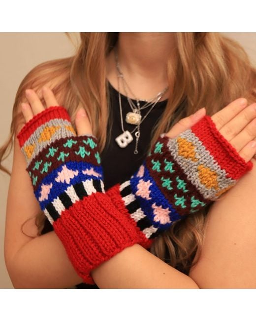 Springmoonatelier Blue Handcrafted Wool Hat And Fingerless Gloves Set With Mixed Colors