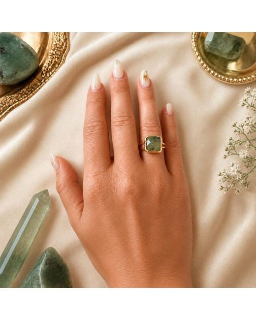 By Ozge Green Natural Mystic Labradorite Plated Adjustable Statement Ring