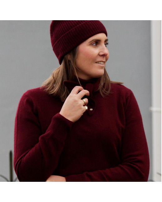 tirillm Red Sasha Basic Cashmere Pullover With Round Neck, Deep Burgundy With Light Stripes