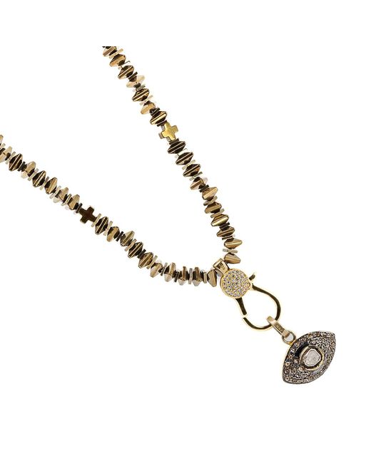 Ebru Jewelry Metallic Pave Diamond & Gold Evil Eye Pendant Hematite Stone Beaded Necklace
