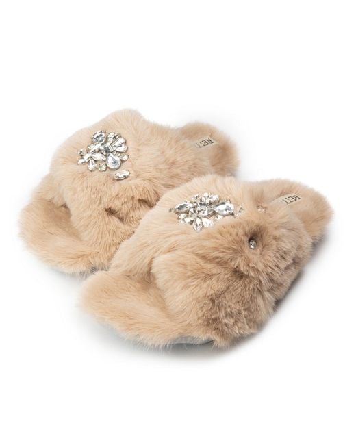 Rettrose Natural Neutrals Audrey Mink Luxury Plush Diamanté Embellished Handmade Slipper