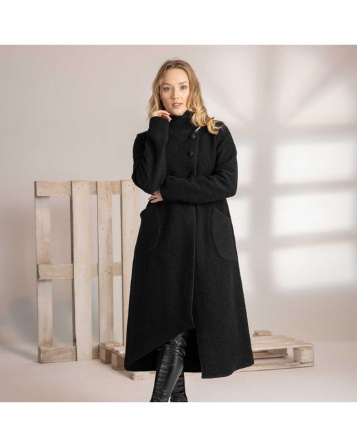 Nikka Place Black Wool Asymmetrical Wrap Cardigan Coat With Buttons And Pockets